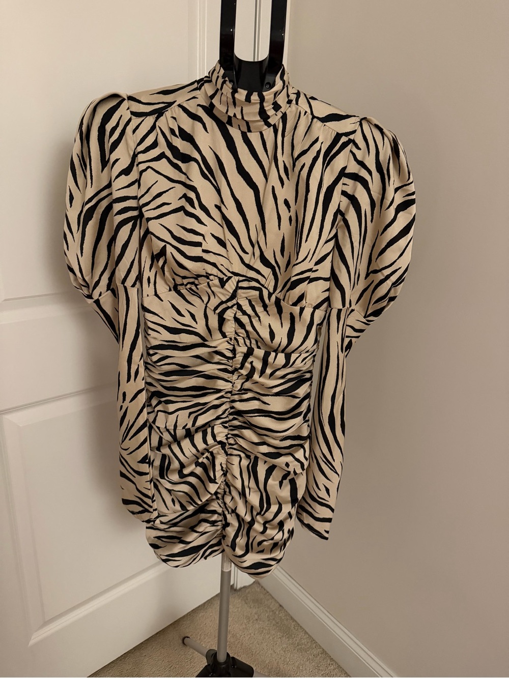 Bardot High-Neck Zebra Ruched Puff-Sleeve Top - Cream & Black